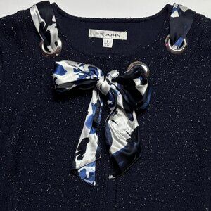 St. John Knit Navy Blue 3-Piece Set with Floral Accents (Skirt, Jacket, Shell)